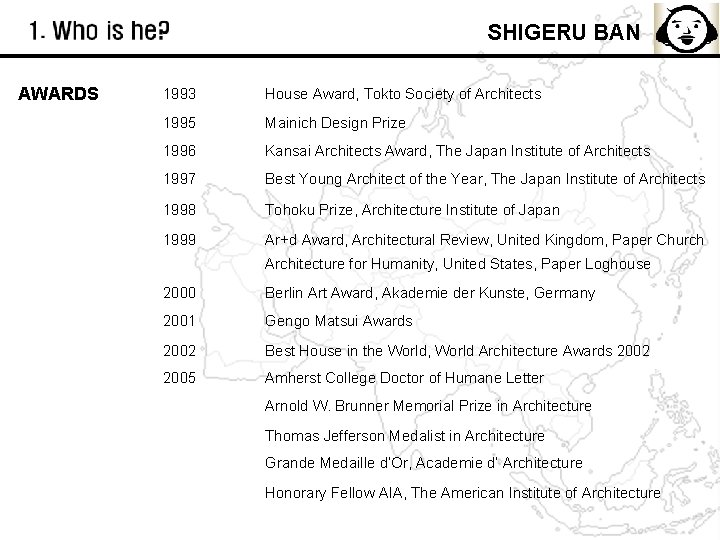 SHIGERU BAN AWARDS 1993 House Award, Tokto Society of Architects 1995 Mainich Design Prize
