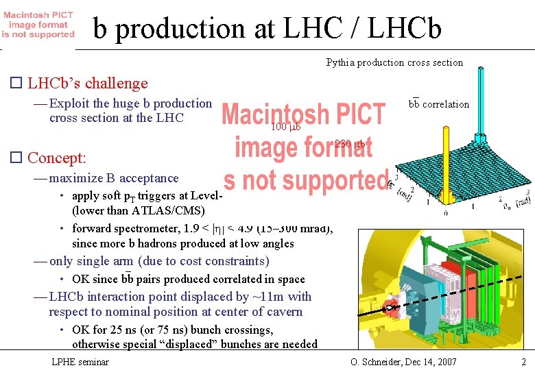 b production at LHC / LHCb Pythia production cross section o LHCb’s challenge —