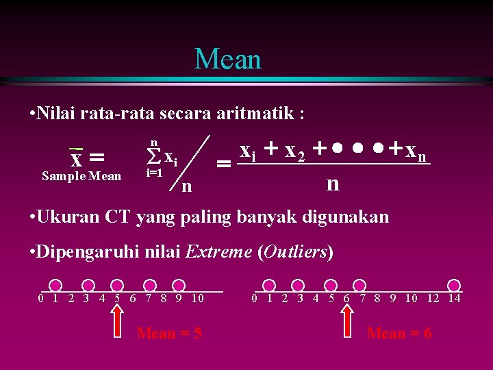 Mean • Nilai rata-rata secara aritmatik : x= Sample Mean n å xi i