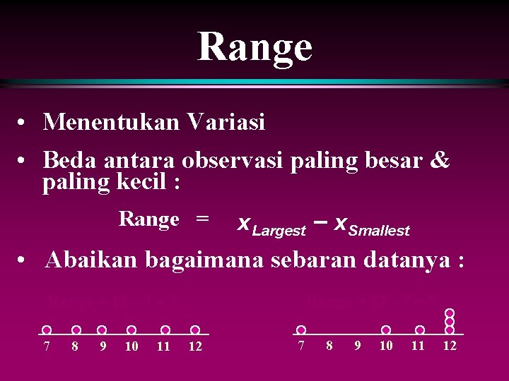 Range • Menentukan Variasi • Beda antara observasi paling besar & paling kecil :