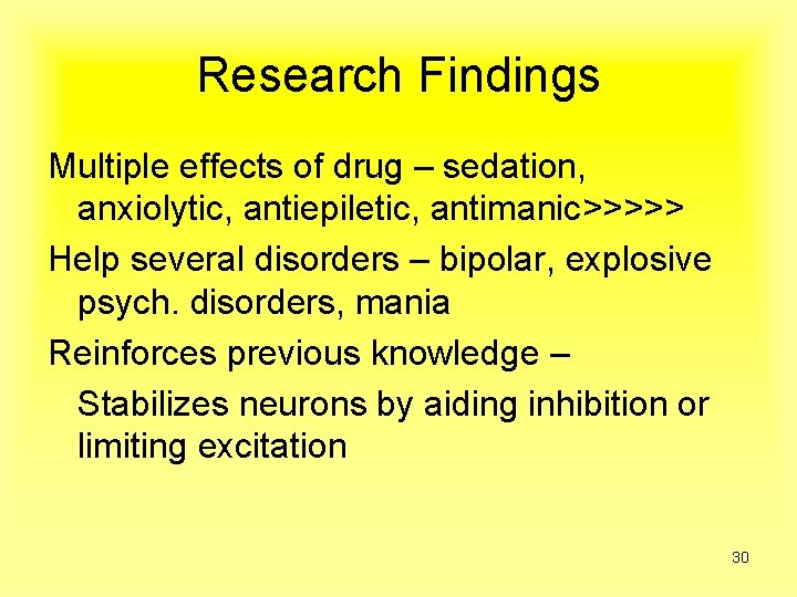 Research Findings Multiple effects of drug – sedation, anxiolytic, antiepiletic, antimanic>>>>> Help several disorders