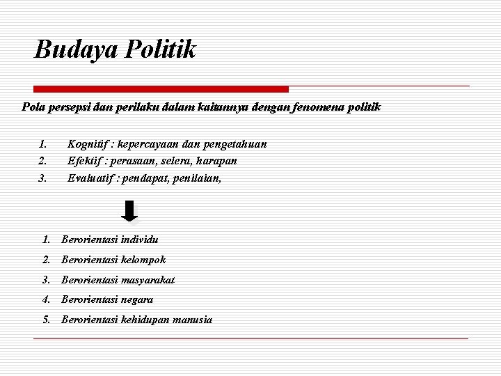 Budaya Politik Pola persepsi dan perilaku dalam kaitannya dengan fenomena politik 1. 2. 3.