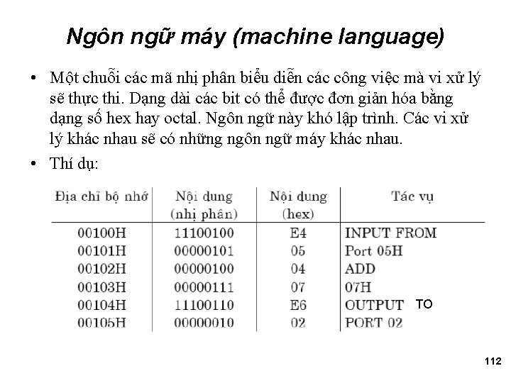 Ngôn ngữ máy (machine language) • Một chuỗi các mã nhị phân biểu diễn