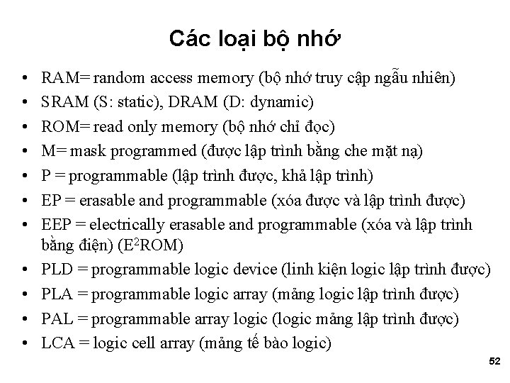 Các loại bộ nhớ • • • RAM= random access memory (bộ nhớ truy