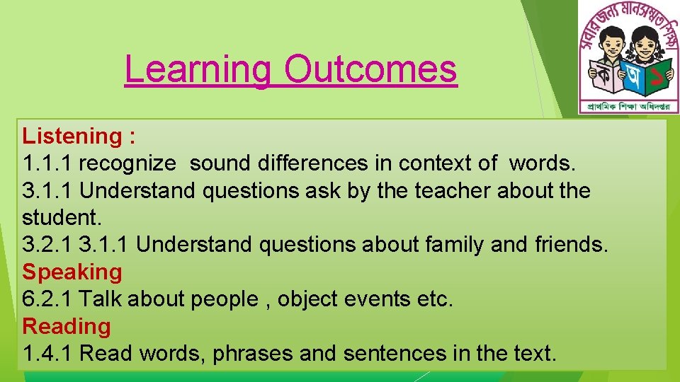 Learning Outcomes Listening : 1. 1. 1 recognize sound differences in context of words.