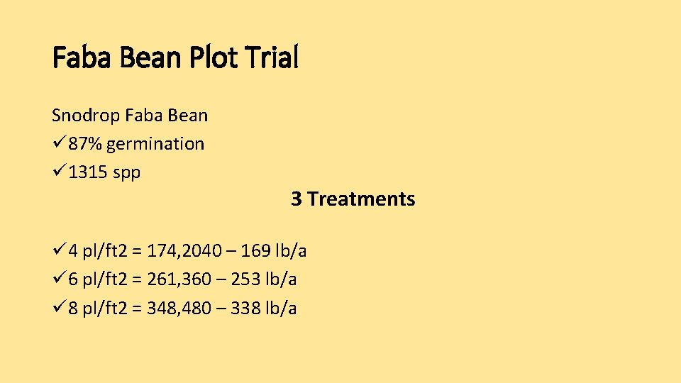 Faba Bean Plot Trial Snodrop Faba Bean ü 87% germination ü 1315 spp 3