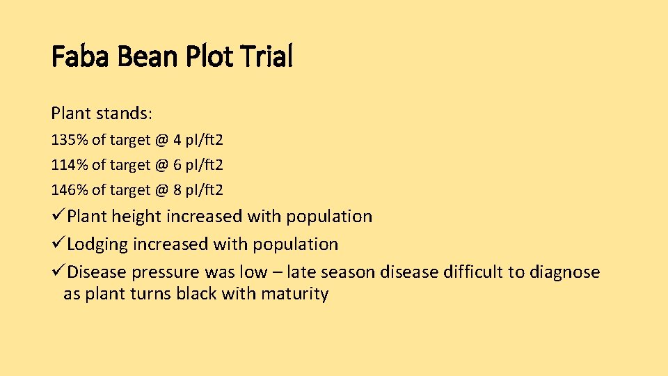 Faba Bean Plot Trial Plant stands: 135% of target @ 4 pl/ft 2 114%