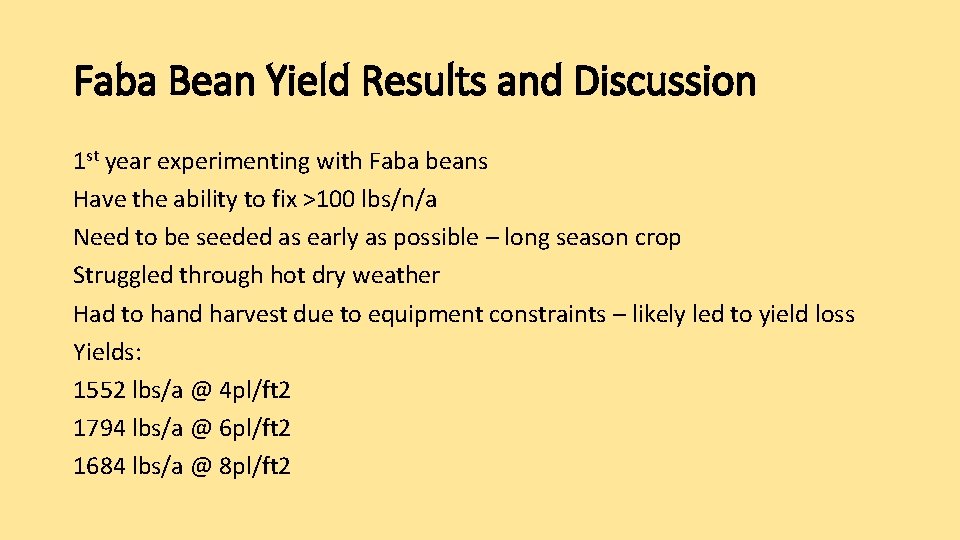 Faba Bean Yield Results and Discussion 1 st year experimenting with Faba beans Have