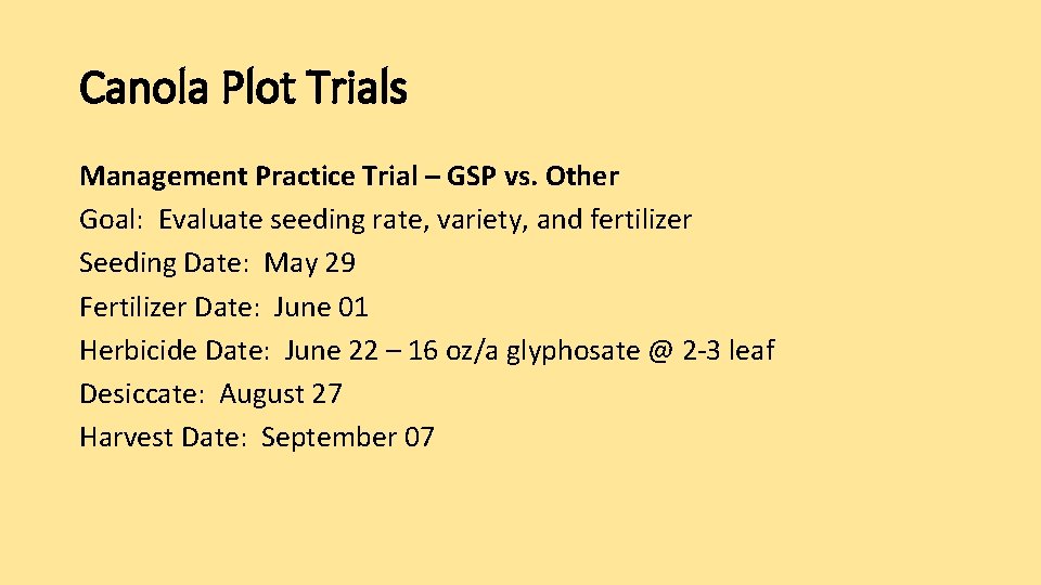 Canola Plot Trials Management Practice Trial – GSP vs. Other Goal: Evaluate seeding rate,