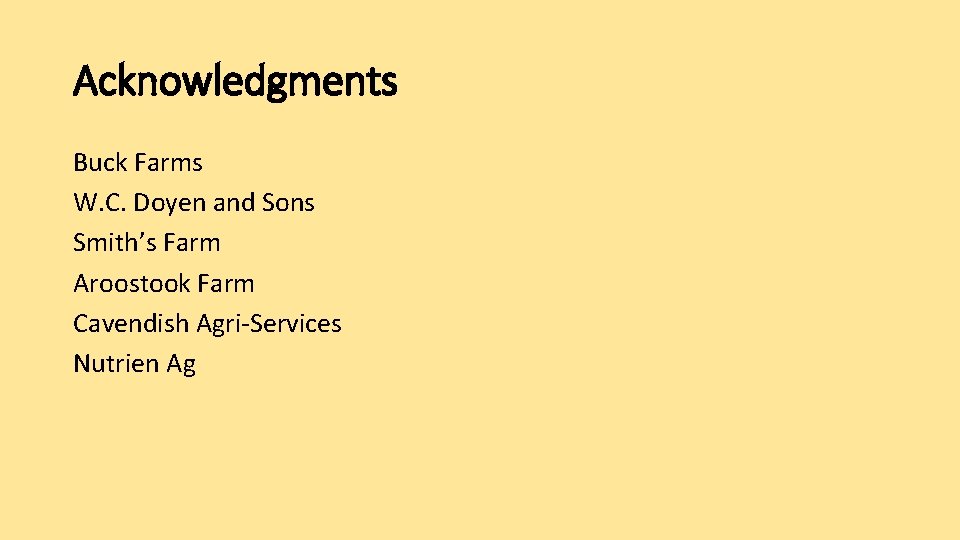 Acknowledgments Buck Farms W. C. Doyen and Sons Smith’s Farm Aroostook Farm Cavendish Agri-Services
