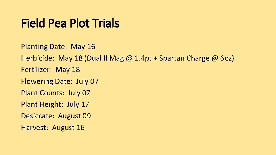 Field Pea Plot Trials Planting Date: May 16 Herbicide: May 18 (Dual II Mag