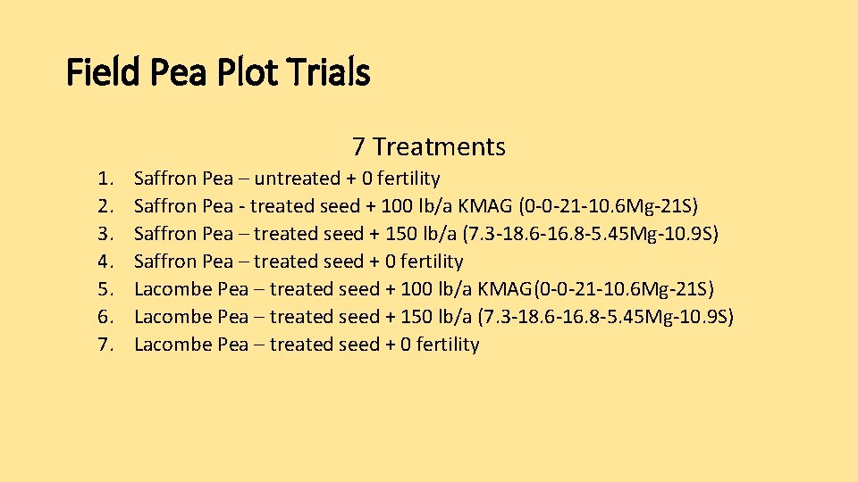 Field Pea Plot Trials 7 Treatments 1. 2. 3. 4. 5. 6. 7. Saffron