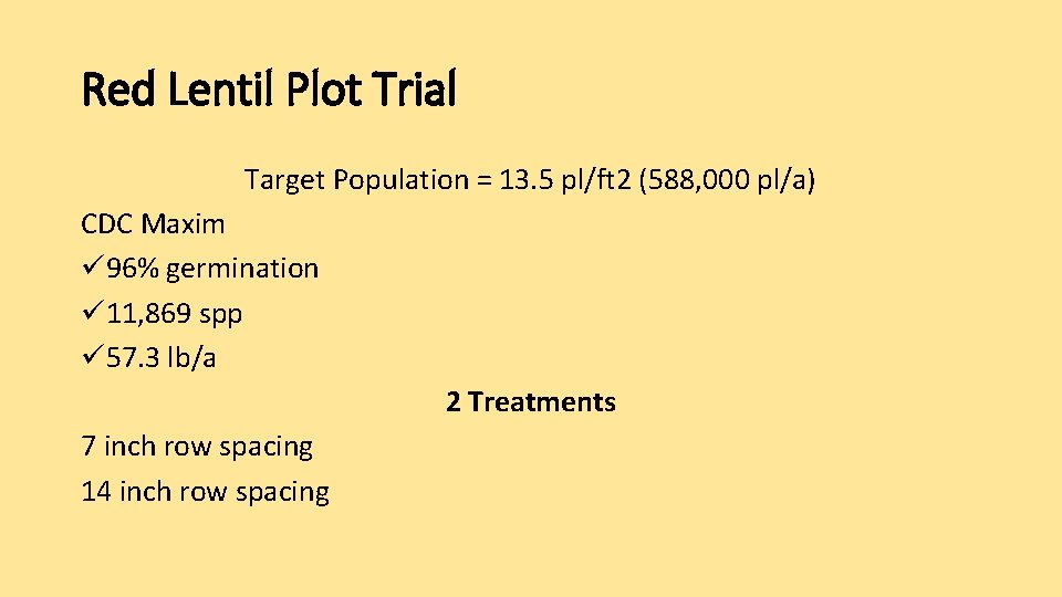 Red Lentil Plot Trial Target Population = 13. 5 pl/ft 2 (588, 000 pl/a)