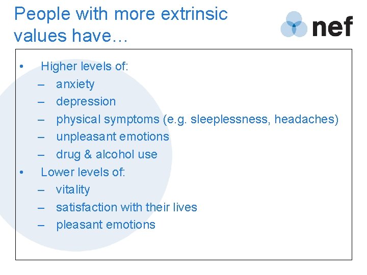 People with more extrinsic values have… • • Higher levels of: – anxiety –