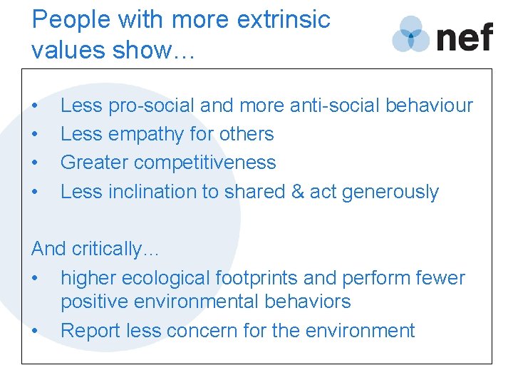 People with more extrinsic values show… • • Less pro-social and more anti-social behaviour