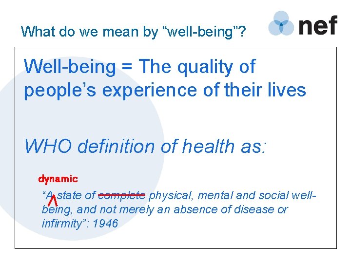 What do we mean by “well-being”? Well-being = The quality of people’s experience of