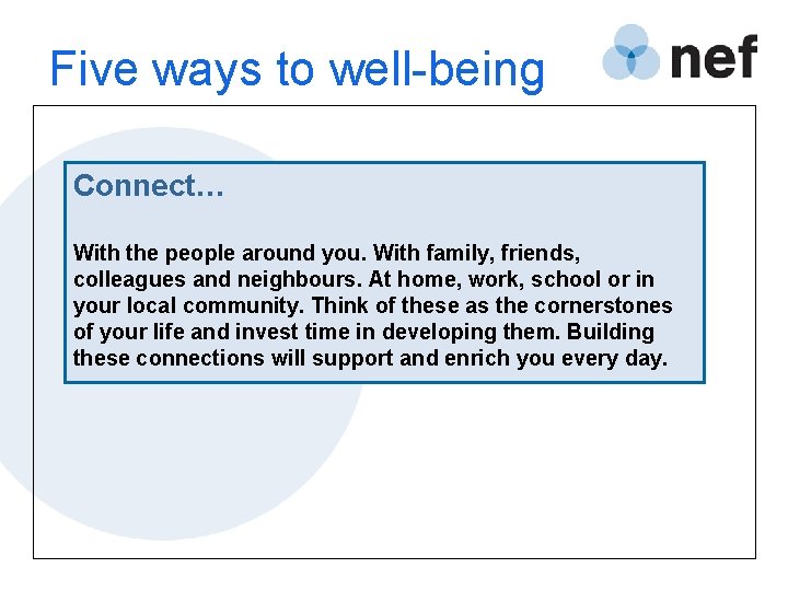 Five ways to well-being Connect… With the people around you. With family, friends, colleagues