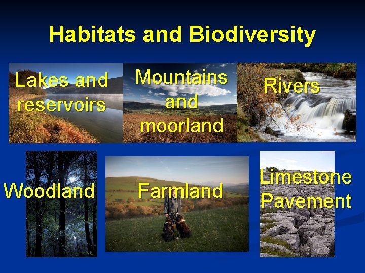 Habitats and Biodiversity Lakes and reservoirs Woodland Mountains and moorland Farmland Rivers Limestone Pavement