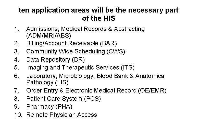ten application areas will be the necessary part of the HIS 1. Admissions, Medical