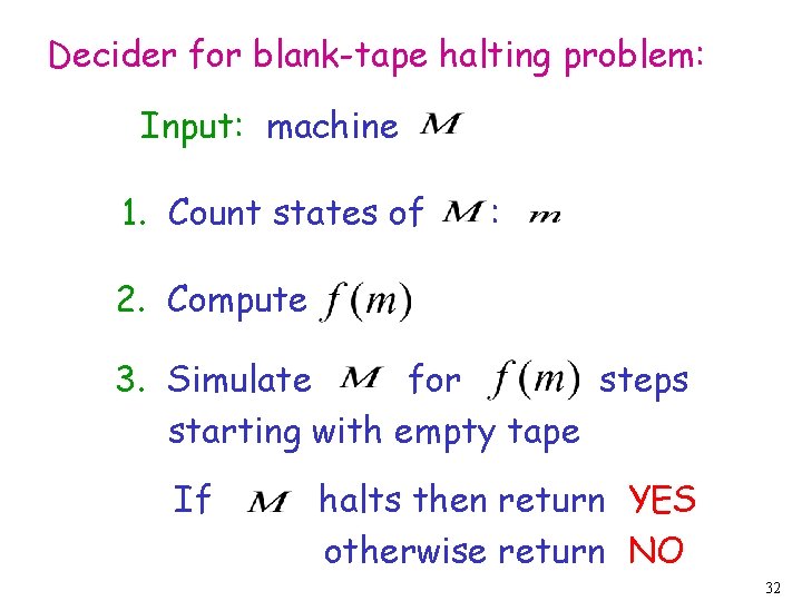 Decider for blank-tape halting problem: Input: machine 1. Count states of : 2. Compute