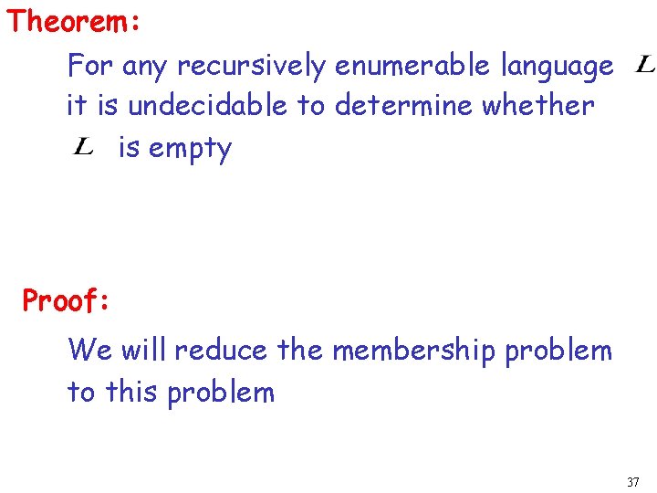 Theorem: For any recursively enumerable language it is undecidable to determine whether is empty