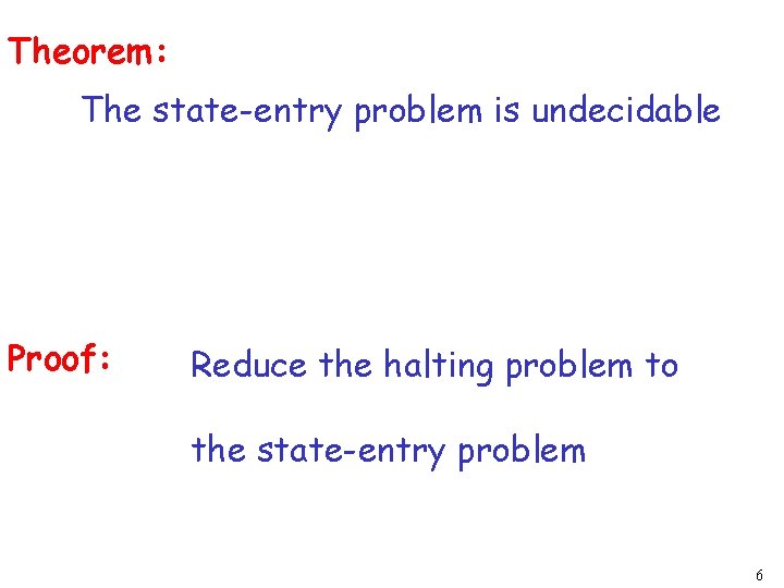 Theorem: The state-entry problem is undecidable Proof: Reduce the halting problem to the state-entry