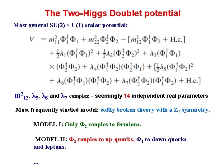 The Two-Higgs Doublet potential Most general SU(2) × U(1) scalar potential: m 212, λ