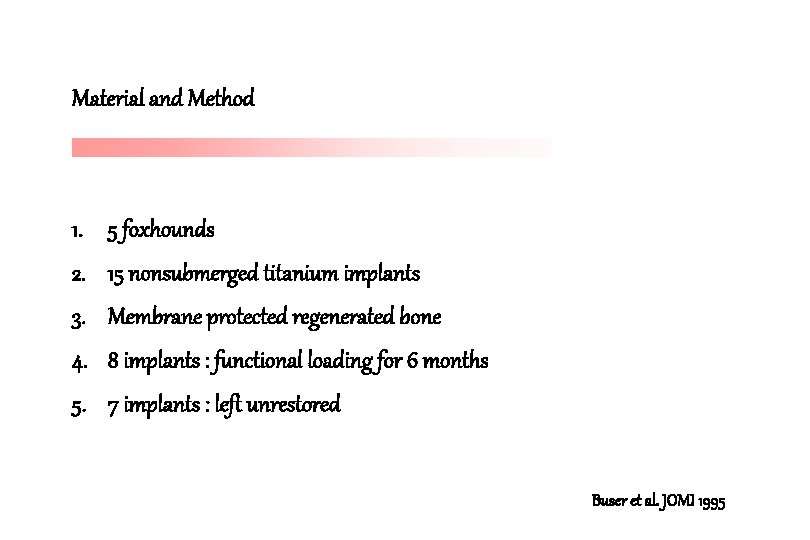 Material and Method 1. 5 foxhounds 2. 15 nonsubmerged titanium implants 3. Membrane protected