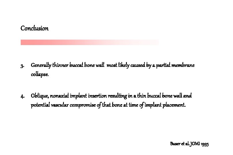 Conclusion 3. Generally thinner buccal bone wall most likely caused by a partial membrane