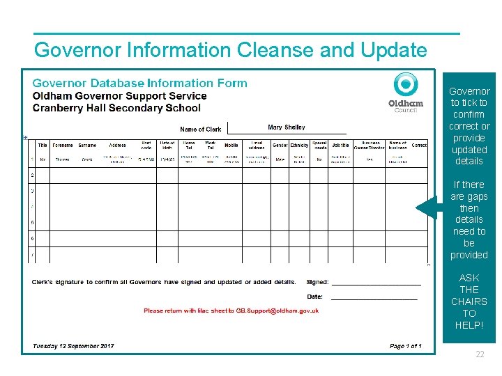 Governor Information Cleanse and Update Governor to tick to confirm correct or provide updated