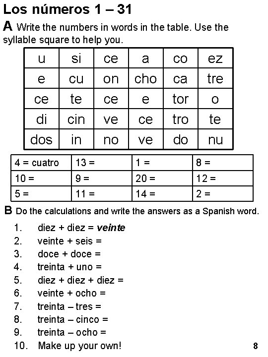 Los números 1 – 31 A Write the numbers in words in the table.