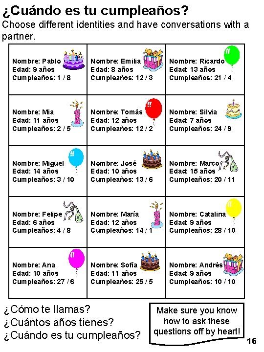 ¿Cuándo es tu cumpleaños? Choose different identities and have conversations with a partner. Nombre: