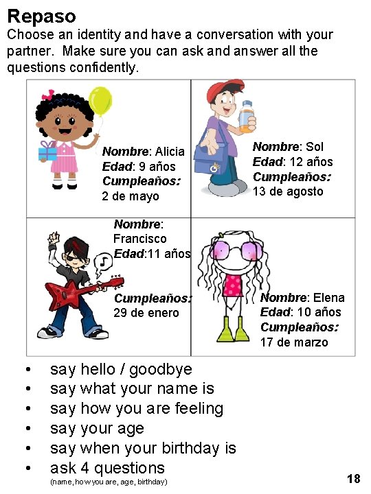 Repaso Choose an identity and have a conversation with your partner. Make sure you