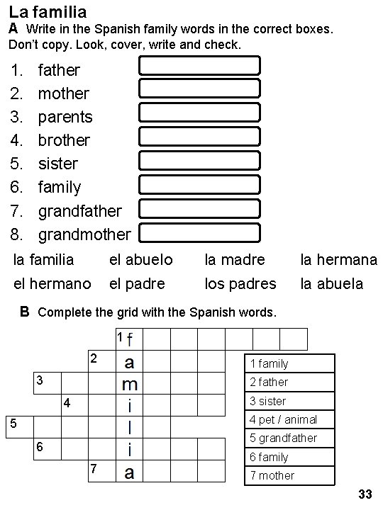 La familia A Write in the Spanish family words in the correct boxes. Don’t