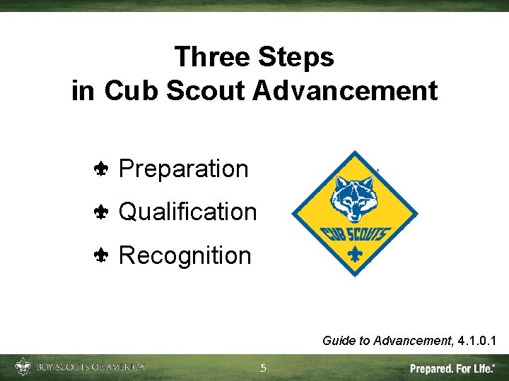 Three Steps in Cub Scout Advancement Preparation Qualification Recognition Guide to Advancement, 4. 1. Three Steps in Cub Scout Advancement Preparation Qualification Recognition Guide to Advancement, 4. 1.
