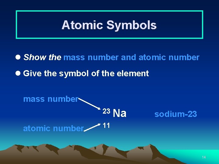 Atomic Symbols l Show the mass number and atomic number l Give the symbol