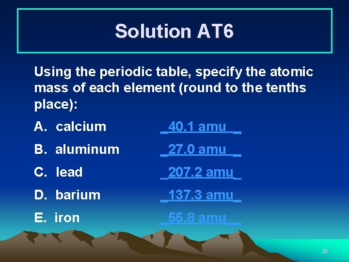 Solution AT 6 Using the periodic table, specify the atomic mass of each element