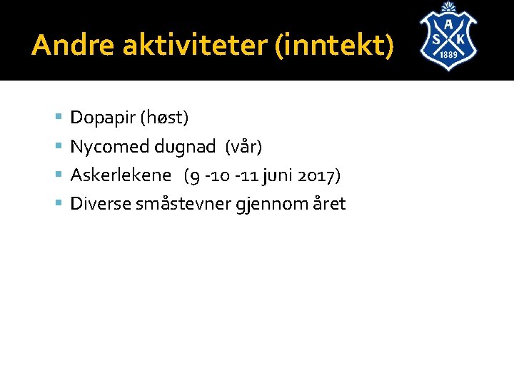Andre aktiviteter (inntekt) Dopapir (høst) Nycomed dugnad (vår) Askerlekene (9 -10 -11 juni 2017)