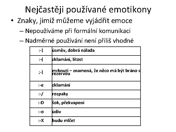 Nejčastěji používané emotikony • Znaky, jimiž můžeme vyjádřit emoce – Nepoužíváme při formální komunikaci