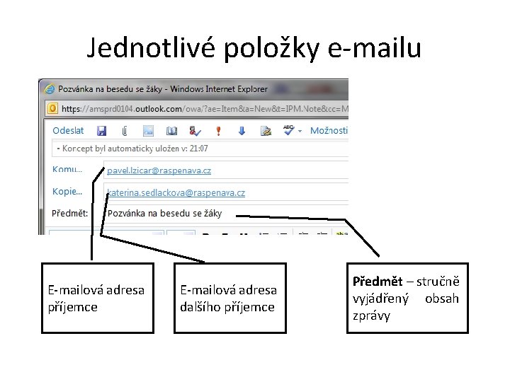 Jednotlivé položky e-mailu E-mailová adresa příjemce E-mailová adresa dalšího příjemce Předmět – stručně vyjádřený