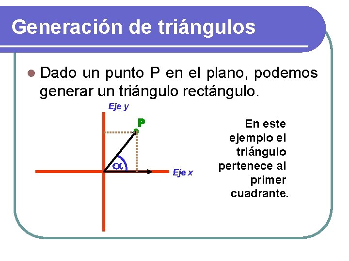 Generación de triángulos l Dado un punto P en el plano, podemos generar un