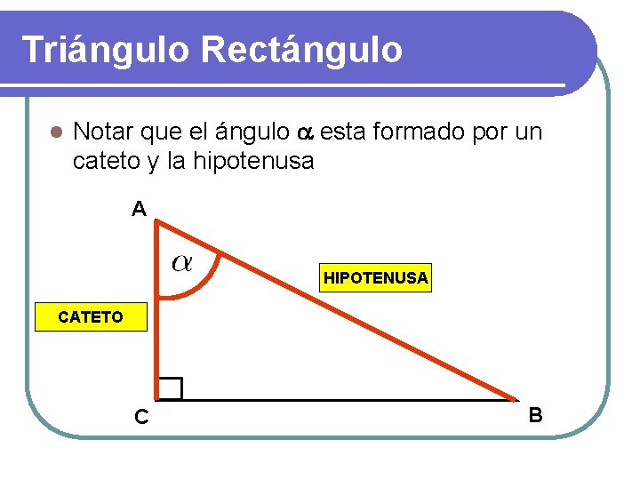 Triángulo Rectángulo l Notar que el ángulo a esta formado por un cateto y