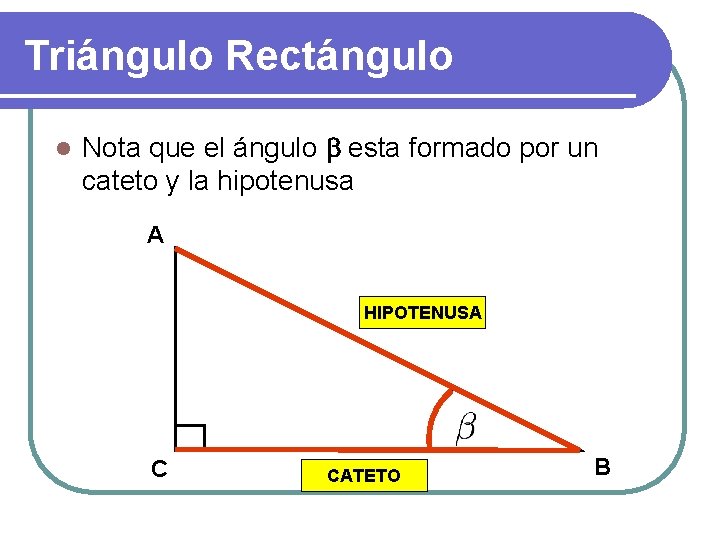 Triángulo Rectángulo l Nota que el ángulo b esta formado por un cateto y