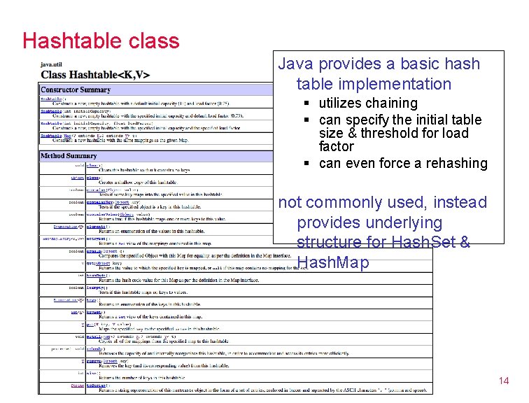 Hashtable class Java provides a basic hash table implementation § utilizes chaining § can