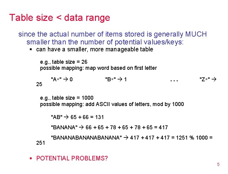 Table size < data range since the actual number of items stored is generally