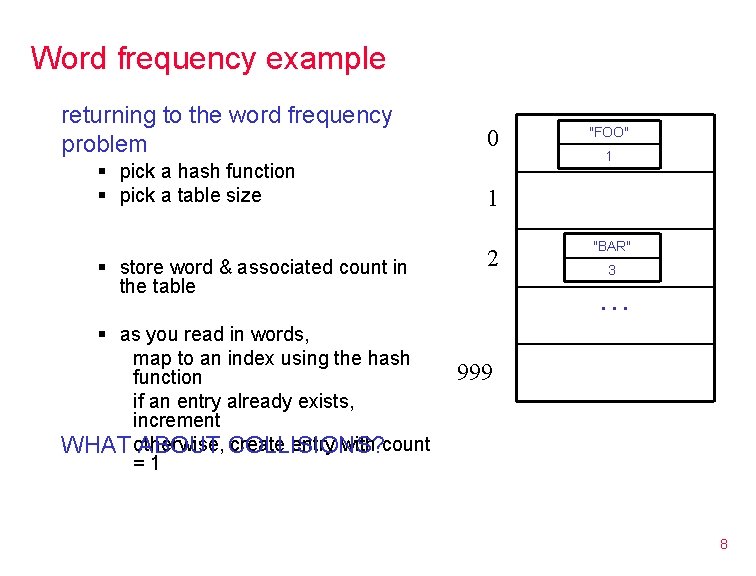 Word frequency example returning to the word frequency problem § pick a hash function