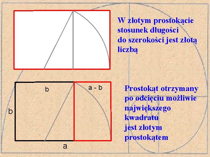 W złotym prostokącie stosunek długości do szerokości jest złotą liczbą a-b b b a