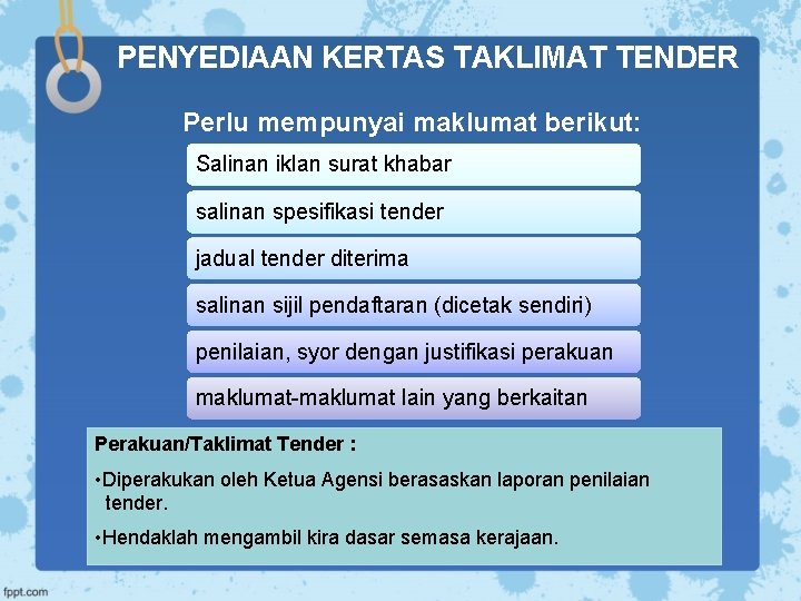 PENYEDIAAN KERTAS TAKLIMAT TENDER Perlu mempunyai maklumat berikut: Salinan iklan surat khabar salinan spesifikasi