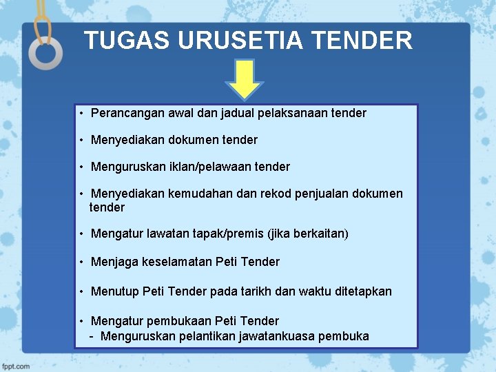 TUGAS URUSETIA TENDER • Perancangan awal dan jadual pelaksanaan tender • Menyediakan dokumen tender