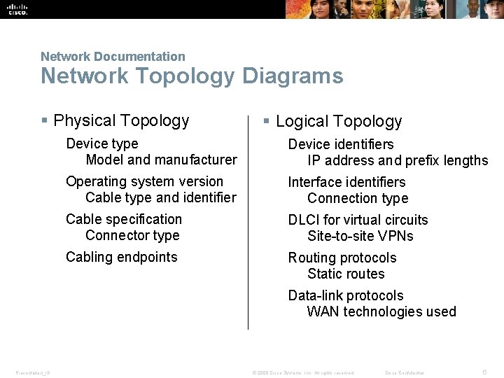 Network Documentation Network Topology Diagrams § Physical Topology § Logical Topology Device type Model
